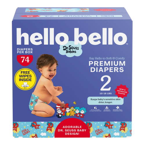 Hello Bello Premium Dr. Seuss Babies Diapers Club Box with Bonus Wipes - Size 2, 74 Count