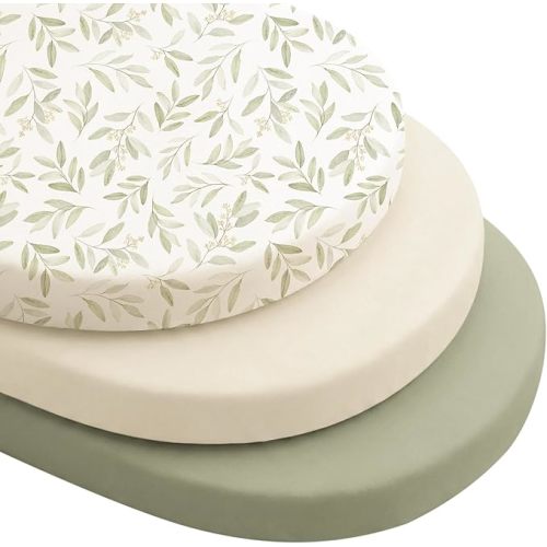 Konssy Silky Soft Bassinet Sheets 3 Pack, Ultra-Stretchy Bassinet Mattress Sheets for Baby Girl Boy, Breathable Fitted Sheet for Standard Oval Hourglass Mattress (Green Leaf)