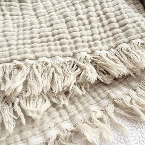 KyraHome Muslin Blankets for Adults, Kids, 50"x60", 100% Organic Cotton Throw Blanket, Plant-Dyed, Breathable Lightweight Throw Blanket for Couch, All Season (Oatmeal Khaki Tan)