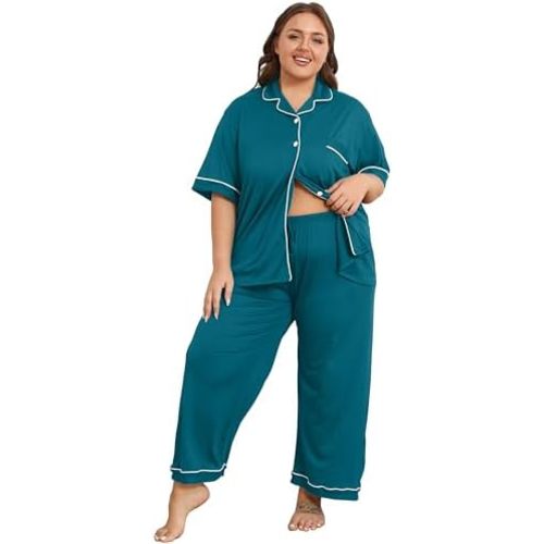 Vozanet Women's Plus Size Pajamas Button Down Shirt and Pants Soft Lounge Sets Bride Nighty Bottom with Pockets 1x to 5x