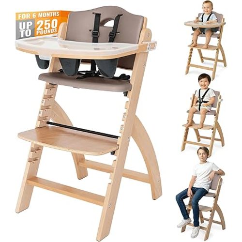 Abiie Beyond Junior Wooden High Chair for Babies and Toddlers - Convertible 3-in-1 Baby Highchair with Removable Tray - 6 Months to 250 Lb - Water Resistant - Natural Wood with Soft Mocha Cushion