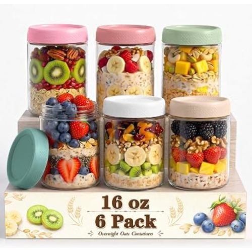 6 Pack Overnight Oats Containers with Lids, 16oz Wide Mouth Mason Jars, Glass Food Containers with Airtight Lids for Storage, Yogurt Bowls, Overnight Oats Jars for Meal Prep, Chia Pudding