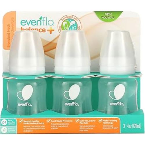 Evenflo Feeding Balance+ Bottles, Standard, 0+ Months, Slow Flow, 3 Bottles, 4 oz (120 ml)