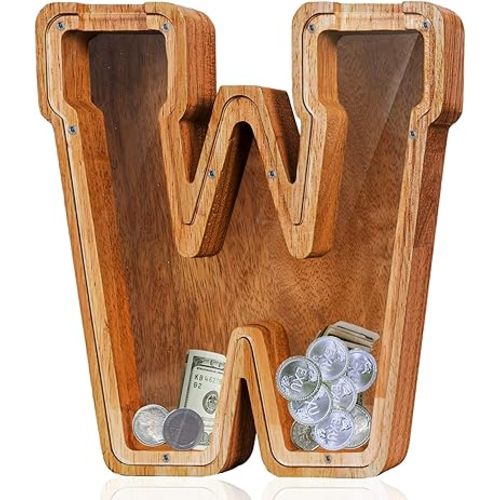 Extra Large Wooden Piggy Bank - Piggy Bank for Kids,Piggy Bank Girls, Piggy Bank for Boys,Alphabet W Money Bank,Coin Bank,Kids Money Bank-Childrens Banks(12"- Initial-W)
