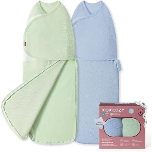 Momcozy Airflow Baby Swaddle, 100% Cotton Lightweight & Ultra Breathable, Ideal for Hot Sleeper Baby, Reduce Startle Reflex, Newborn Boys Girls Registry Essentials, 2-Pack, Sea Mist