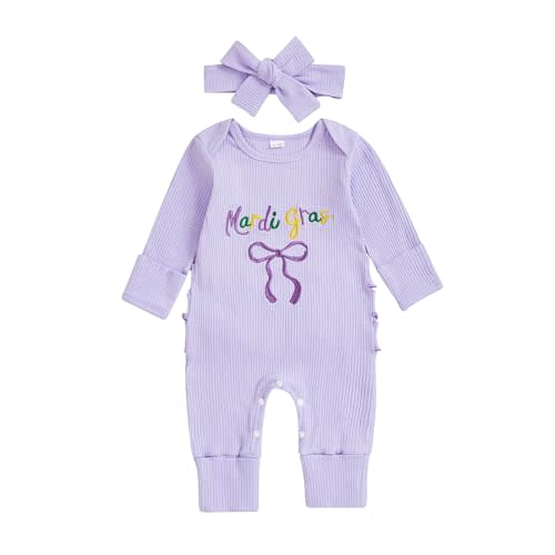 FYBITBO My First Mardi Gras Baby Girl Outfit Newborn Long Sleeve Romper Onesie Infant Jumpsuit Fall Winter Clothes Outfits