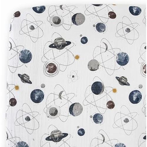 Little Unicorn Planetary Fitted Crib Sheet | 100% Cotton Muslin | Super Soft | Sized for Standard Baby Crib & Toddler Mattress | Machine Washable | 52” x 28” x 9”