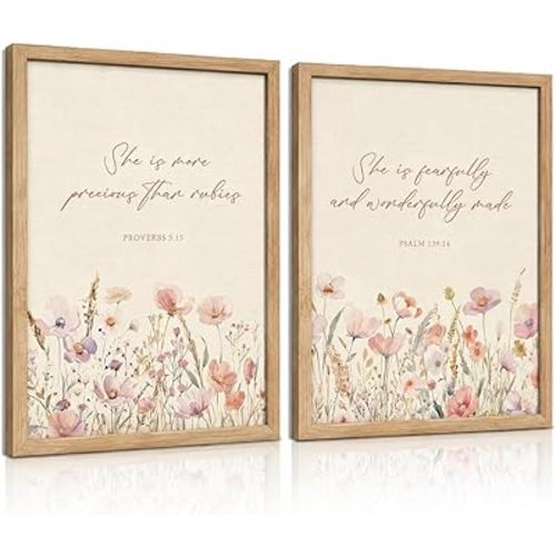 2pcs Framed Christian Floral Nursery Wall Art Bible Christ Flower Botanical Painting Picture Wall Decor Boho Girl Nurseries Poster Print Artwork for Baby Room Living Room Bedroom Home Decoration(Wood Color Framed Bible, 16L" x 12W")