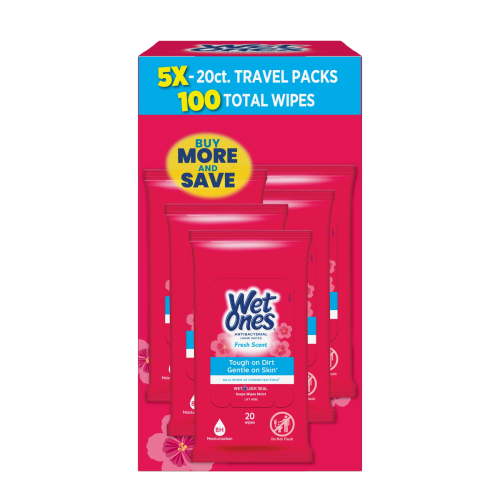 Wet Ones Antibacterial Hand Wipes, Fresh Scent, 20 Ct 5 Pack, 100 Total Wipes