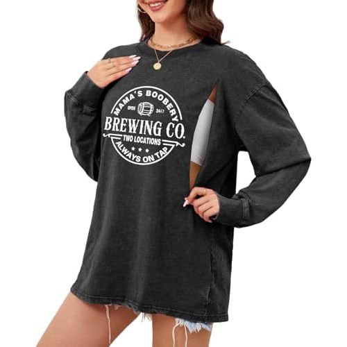 Womens Nursing Shirts for Breastfeeding Zipper Mama Maternity Long Sleeve T Shirt Oversized Graphic Acid Wash Tops