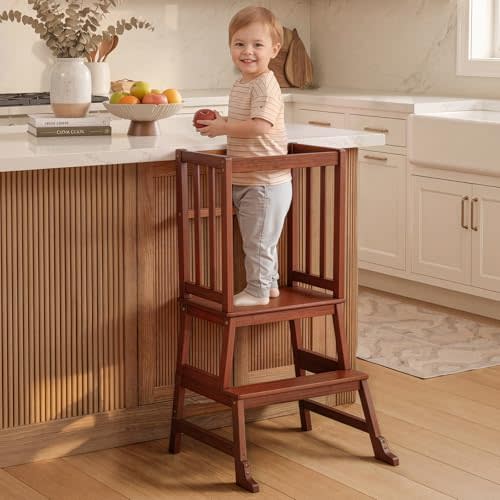 COSYLAND Toddler Kitchen Stool Helper – Stable A-Frame Design Kids Kitchen Step Stool with Protective Crossbar – Wooden Toddler Standing Tower for Learning in Bathroom (Brown)