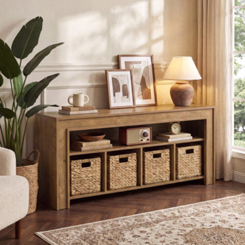 63" Bookcase with 4 Woven Baskets, Farmhouse Low Bookshelf Storage Organizer | Wayfair