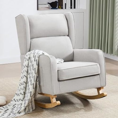 HCHAIRH Nursery Rocking Chairs, Rocking Chair Nursery for Mom Nursery Rocker with High Backrest and Solid Wood Legs, Modern Wingback Chair for Reading Living Room Bedroom, Light Grey