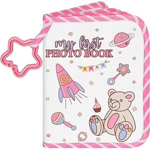 Lanpn Baby Photo Album Holds 17 4x6 Pictures, My First Soft Cloth Family Photo Book with Name Card & Name Tag Sticker, Fabric Kid Memory Keepsake Gift for Baby Shower Newborn Toddler Girl (Bear)