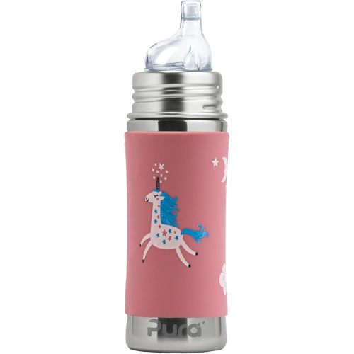 Pura Kiki 11oz/325ml Stainless Steel Sippy Cup Bottle w/Sleeve, Plastic-Free, MadeSafe Certified, Medical-Grade XL Silicone Sipper Spout Fast Flow for Kids, Toddlers, Babies & Infant - Unicorn