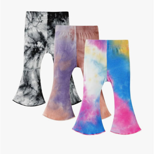 3 Pack Baby Girl Pants Tie-Dye Toddler Girls Flare Pants Newborn Bell Bottoms Ruffled Ribbed Knite Toddler Leggings