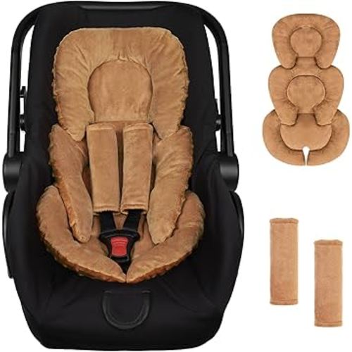 GFU Infant Car Seat Insert Head and Body Support, Reversible Newborn Insert for Carseat with Strap Pads, Soft Stroller Cushion Pillow Insert for Boys and Girls, Fits for Stroller, Swing, Brown