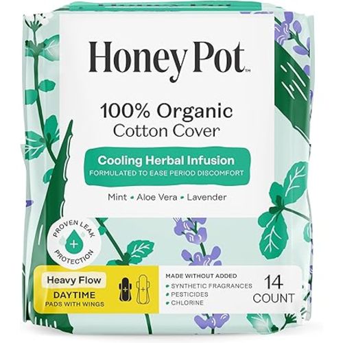 The Honey Pot Company - Herbal Sanitary Pads for Women - Heavy Flow w/Wings - Infused w/Essential Oils for Cooling Effect & Organic Cotton Cover - Feminine Care - 14 ct