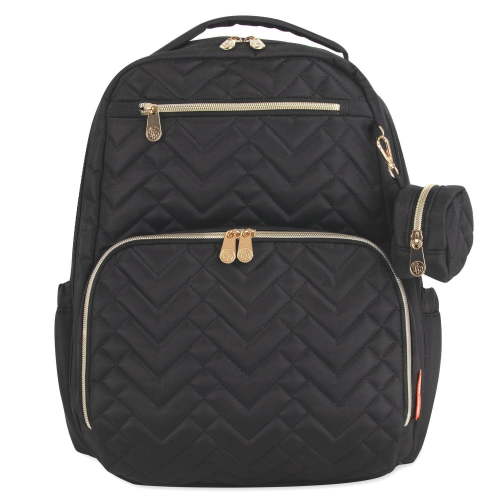 Fisher-Price Morgan Chevron Quilted Multi-Pocket Diaper Bag Backpack with 6-Ply Matching Changing Pad, Insulated Bottle Pocket, Tablet Pocket, Stroller Straps and Paci Pouch in Black, 12 pockets
