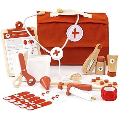 Wooden Doctor Play Set for Toddlers - A Complete Durable Pretend Play Medical Kit for Kids 3-5 with Realistic, Non-Toxic Tools & Carrying Case (Red)