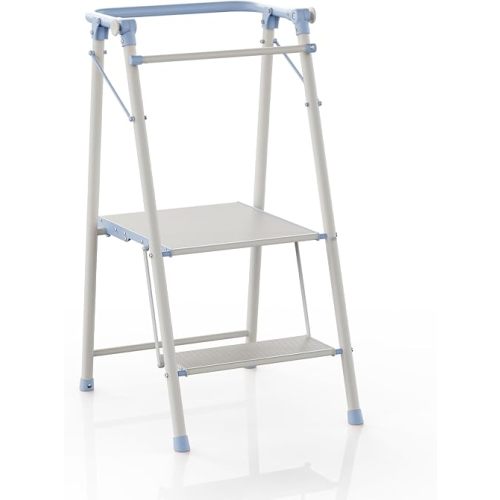 UNICOO Foldable Toddler Tower, 2-in-1 Alloy Steel Kids Kitchen Step Stool & Adult 2-Step Ladder, Folding Kitchen Tower with Removable Safety Rail, Anti-Slip Steps for Kitchen & Bathroom