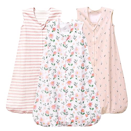 PHF Baby Sleep Sack 6-12 Months 3 Pack 100% Cotton Baby Wearable Blanket, 2-Way Zipper 0.5 TOG Toddler Sleeping Sack, Comfy Sleep Bag for Baby Girls, Pink Floral (Medium)