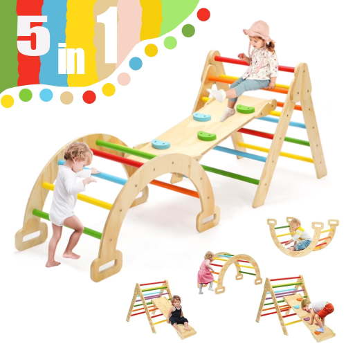 Pikler Triangle Set, 5 in 1 Wooden Montessori Climbing Toys Baby Indoor Playground Gym, Foldable Indoor Climbing Toys with Ramp, Arch Climber, Baby Climbing Toys for Toddlers 1-3 Inside-Large