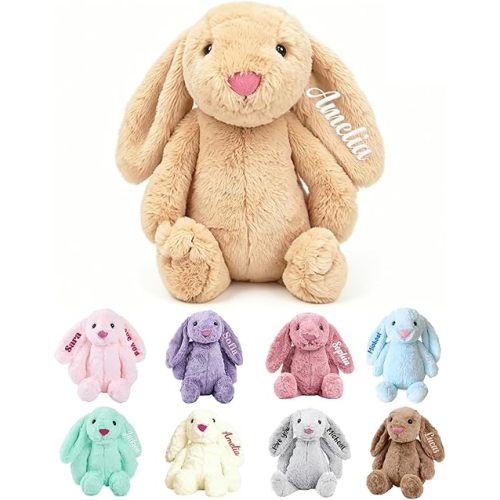 BUGMKCS Easter Personalized Baby Gifts, Bunny Stuffed Animal for Babies with Embroidered Child's Name, Handmade Custom Plush Rabbit Toy for Girl Boy, Customized Cute Baby Gift for Newborn Kids