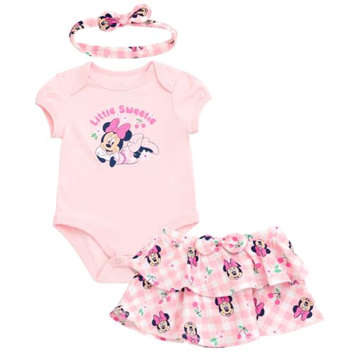 Disney Minnie Mouse Baby Girls Bodysuit, Skirt and Headband 3 Piece Outfit Set Newborn to Infant Sizes (Newborn - 24 Months)