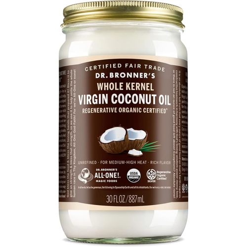 Dr. Bronner's - Organic Virgin Coconut Oil (Whole Kernel, 30 Ounce) - Coconut Oil for Cooking, Baking, Hair and Body, Unrefined and Fresh-Pressed, Rich and Nutty Flavor, Fair Trade, Vegan, Non-GMO