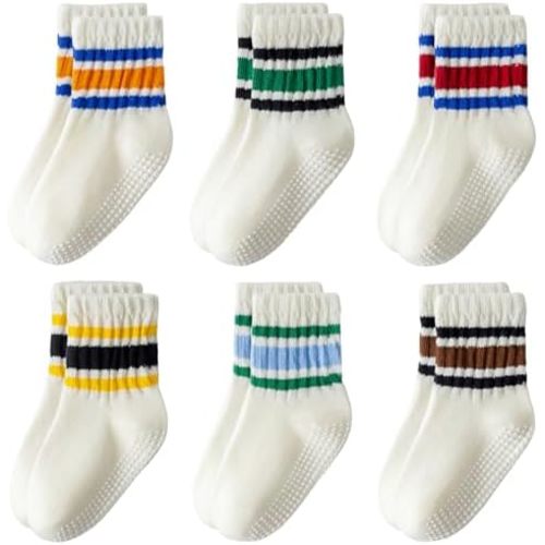 Toddler Non-Slip Socks,Unisex Baby Grip Crew Seamless Cotton Socks with Retro Stripe for Boys Girls Kids 6 Pairs