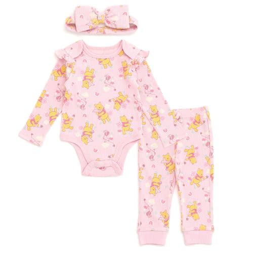 Disney Baby Girls Ribbed Bodysuit, Jogger Pants & Headband 3 Piece Outfit Set Newborn to Infant Sizes (Newborn - 24 Months)