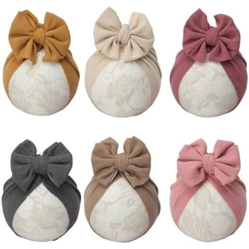 Baby Girls Hair Bow Turban Hat 6PCS Set, Top Bowknot Head Wrap Beanie India Caps for Infant Toddlers