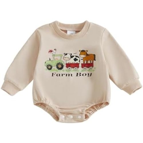 Newborn Infant Farm Boy Baby Clothes Western Outfit Tractor Cow Print Onesie Winter Long Sleeve Romper