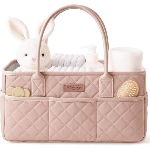 Konssy Quilted Diaper Caddy Organizer, Diaper Caddy Basket with Vegan Leather Handles, Portable Nursery Storage Basket, Water-Repellent Car Organizer, Registry Search Must Haves (Blush Pink)