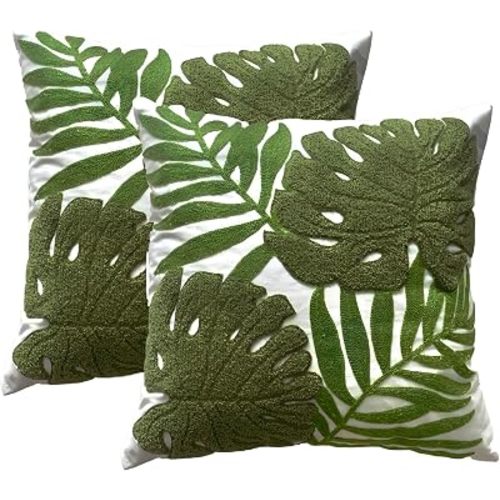 TAOSON Pack of 2,Tropical Olive Green Leave Pattern Embroidered Throw Pillow Cover,Cotton Cushion Covers, Spring Farmhouse Decor, Valentine's Day Gift Square Farmhouse Floral Pillow Case 18" x18"