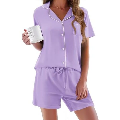 Ekouaer Pajamas Set for Women Short Sleeve Sleepwear Button Down Pjs Soft 2 Piece Lounge Sets XS-XXXL