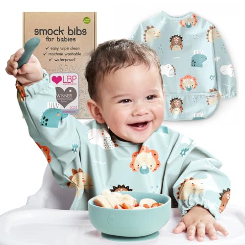 Waterproof Smock Baby Bibs for Eating (6-24 Months) | Long Sleeve Bib for Baby Led Weaning,Toddler Feeding Bibs and Art Smock for Painting, Silicone Bib Alternative