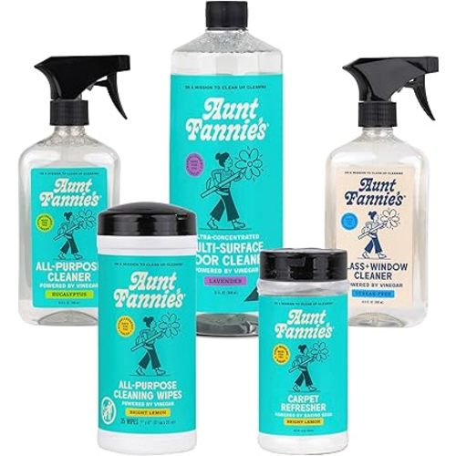 Aunt Fannie's Paquete de limpieza para toda la casa: aerosol multiuso, limpiador para pisos, limpiador para vidrios y ventanas, toallitas para superficies múltiples, refrescador para alfombras