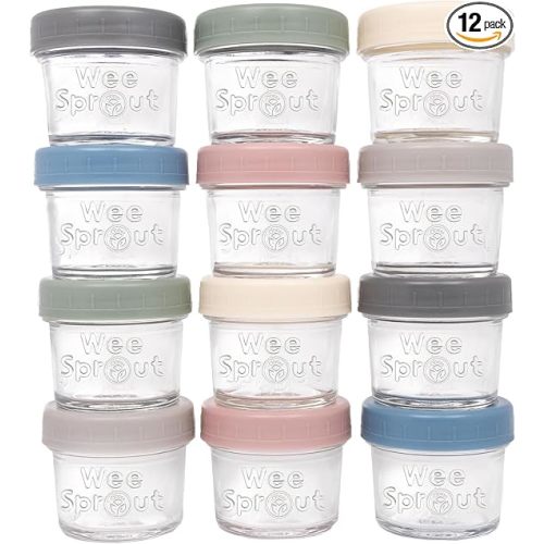 WeeSprout Glass Baby Food Storage Jars w/Lids (4 oz, 12 Pack Set) Snack, Puree, Reusable Small Containers, Breast Milk, Fridge or Freezer, Microwave & Dishwasher Safe, Essential Must Have for Infants
