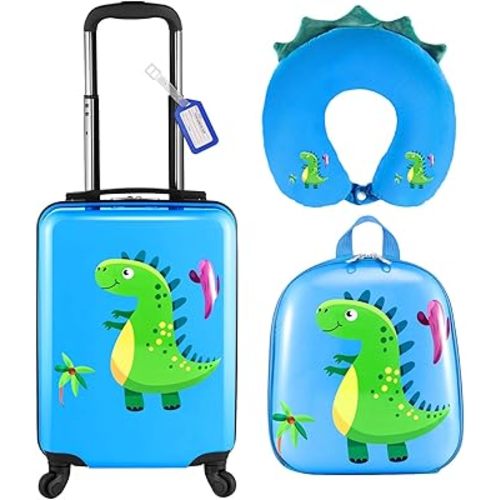 Sanwuta 4 Pcs Kids Luggage Set Kids Backpack Travel Rolling Suitcase with Wheels U-shape Pillow Childrens Gift for Girls Boys(17 Inch,Dinosaur Style,Blue)