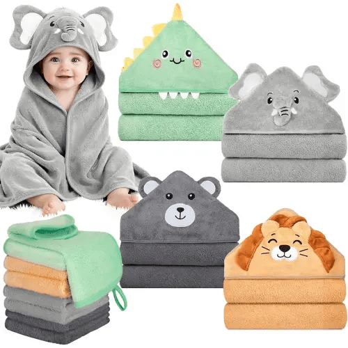 CandyHome 12 PCS Baby Bath Towels Set for Infants Toddlers, 4 PCS Animal Hooded Baby Towels & 8 PCS Washcloths Set, Ultra Absorbent Cute Soft Newborn Essentials Gift for Boys & Girls
