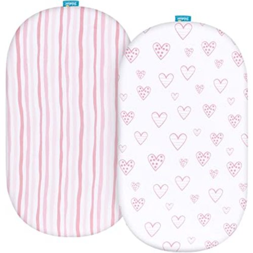 Bassinet Sheets Fit for Oval, Hourglass, Rectangle Bassinet Mattress, 2 Pack 100% Cotton Sheets for Halo, 4moms, Maxi-COSI, Delta, Baby Delight Bassinest, Unisex Fitted Sheet for Baby Girls