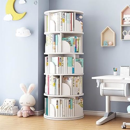 Rotating Bookshelf Tower, 4/5 Tier Circular Bookcase for Kids&Adults, Wood 360° Floor Standing Book Storage Rack, Spinning Bookshelfs Tower for Classroom Playroom Study Bedroom (White, 1-5)