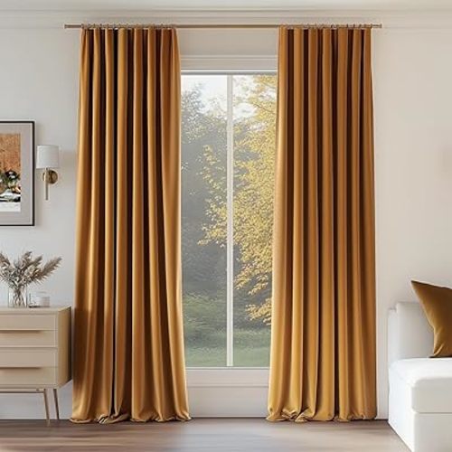 Topfinel Gold 94 Inches Long Custom Velvet Curtains, Mid Century Modern Heavy Duty Acoustic Tall Aesthetic Curtains for Large Window, Back Tab Rod Pocket Pleated Cold Blocking 2 Panels with Hooks