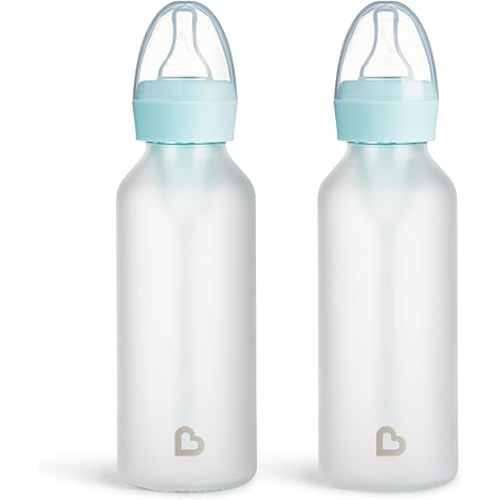 Munchkin Bond Silicone Coated Glass Baby Bottles - Anti-Colic Feeding System with Natural Feel Nipples, 8 Ounce, 2 Pack Blue
