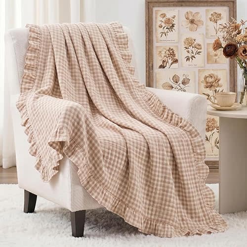 100% Cotton Taupe Gingham Muslin Throw Blanket with All-Around Ruffles 6-Layer Breathable Muslin Blankets for Adults 50" x 60" Soft Lightweight Cotton Throw Blanket Decorative for Bed Couch