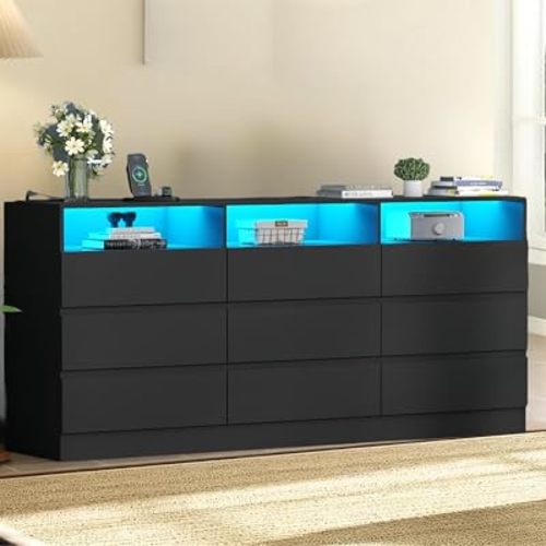 9 Drawers Dresser, Double Modern Chest of Drawers with Power Outlet, Dresser TV Stand with Led Light Strip, Drawer Organizer for Bedroom, Living Room, Hallway (Dark Black, 9 Drawer)