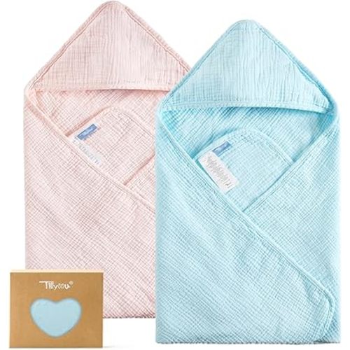 TILLYOU Muslin Hooded Baby Towels for Newborn 2 Pack, 32x32Inch Soft Baby Bath Towel Highly Absorbent for Newborn and Infant, Essential for Newborn Care, Light Pink and Blue
