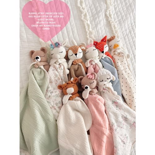 Personalized Crochet Animal Lovey Blankie: Organic Cotton Rattle Toy and Washcloth